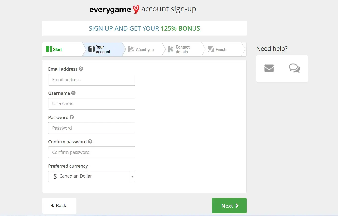 EveryGame Casino Sign Up Form Canada