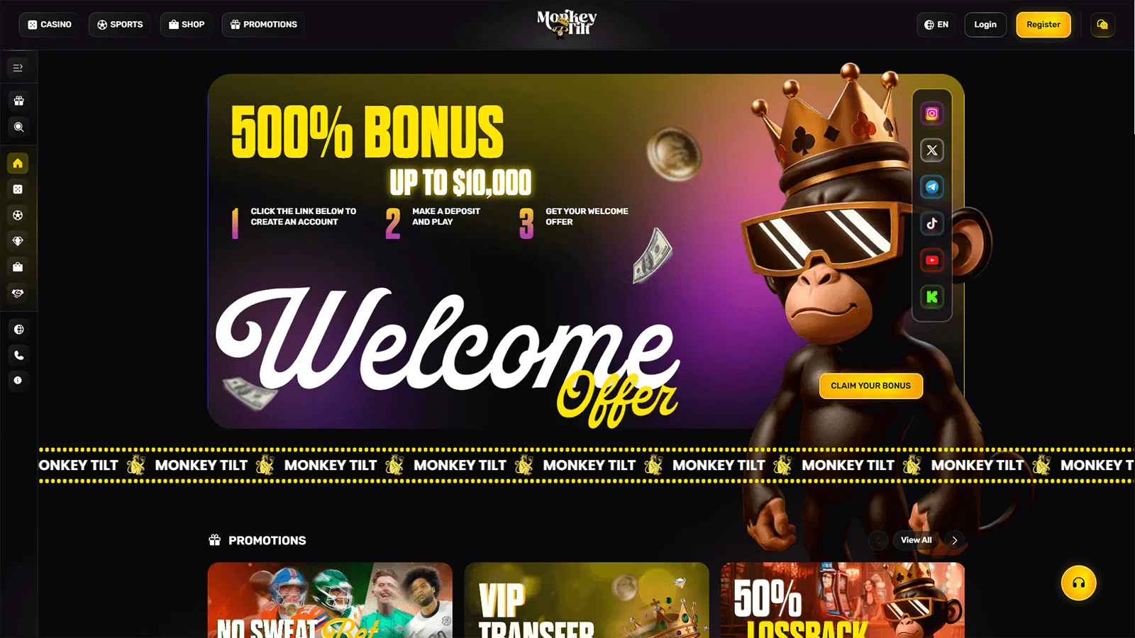 Monkey Tilt Casino Homepage in Canada